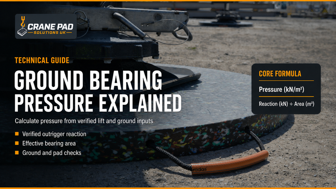 Real CPS outrigger setup on a round confetti crane pad, with Ground Bearing Pressure Explained guide text and formula