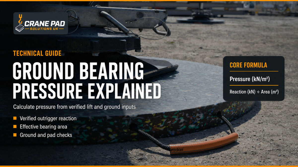 Real CPS outrigger setup on a round confetti crane pad, with Ground Bearing Pressure Explained guide text and formula